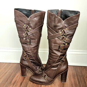 BCBG Grained Brown Leather Multi-Strap Tall Heeled Boots
